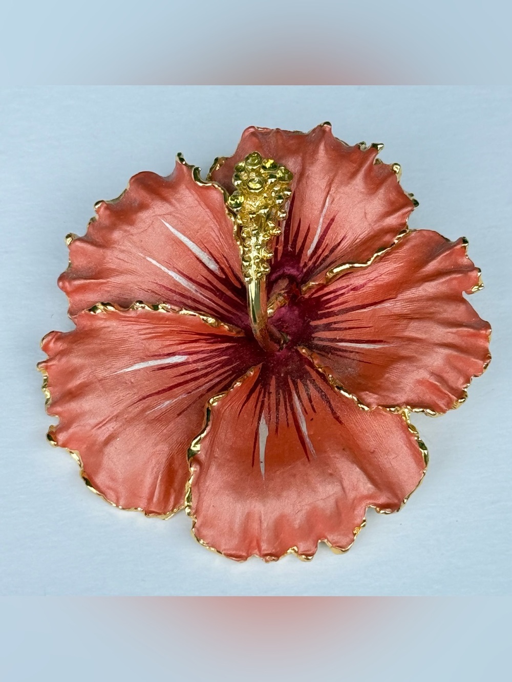 VINTAGE GOLD TONE PINK ENAMELED HIBISCUS FLOWER PIN BROOCH Pendant Flower Floral